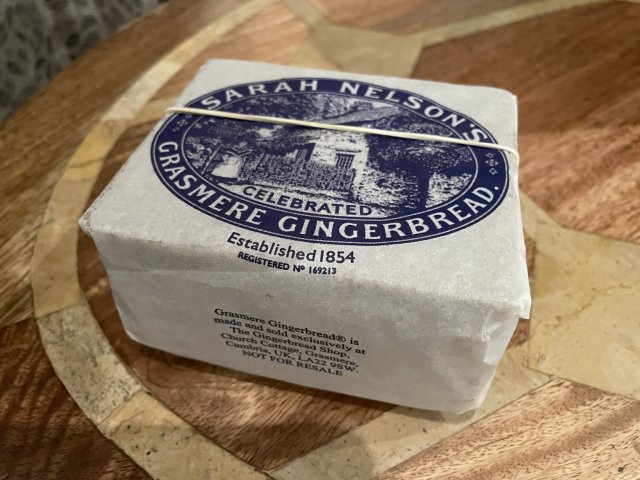 A paper wrapped package of Sarah Nelson’s Grasmere Gingerbread. 