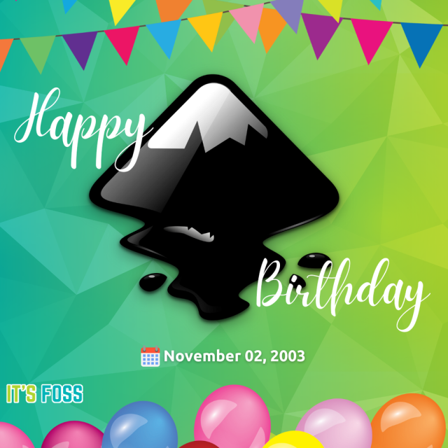 The photo shoes the Inkscape logo with the following text:

Happy Birthday

November 02, 1991