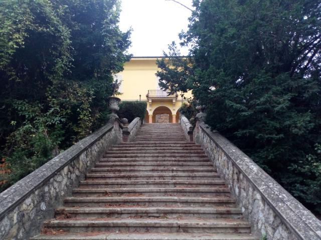 stairs of an italian villa with trees on the side 
