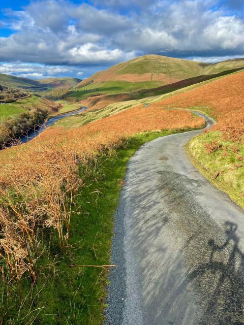 View down a bracken covered valley with a road winding along the side next above a river with a fluffy white clouded blue sky. There's the shadow of a bike in the foreground. 