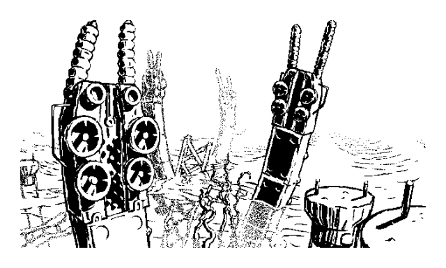 A noisy 1-bit black & white illustration. Strange mechanical serpents peek from the murky water among a pile of rubble; their heads are covered in some sort of gears and elongated bug-like antennae. We seem to be in the middle of nowhere: a gigantic stretch of water engulfed in a thick, blinding fog from every direction. A calm breeze carries the waves off into the distance.