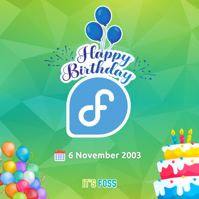The photo says:

Happy Birthday, followed by the Fedora logo, and the date, 6 November 2003.