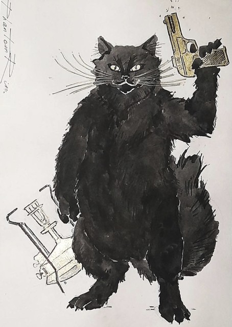 drawing of black cat holding a gun