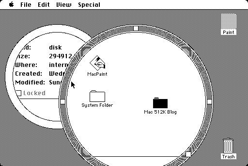 early Mac System with a custom WDEF installed showing circular Finder windows where the title bar goes all the way around
