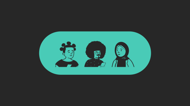 Black and white illustrations of users on turquoise background with black framing.