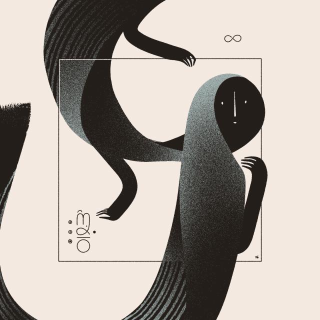 A blue, ribbon-like entity with three arms winds through the frame, looking back at the viewer with surprise. They have a halo shaped like an infinity symbol, and behind them is the Wormrōte for 'favorable', along with three circled dots and one solid dot.