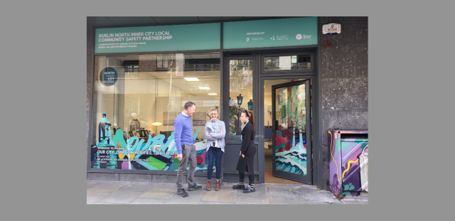 Eddie Mullins, Sonya Keniry and Stacey O'Farrell stand in front of the local community safety partnership's office.
