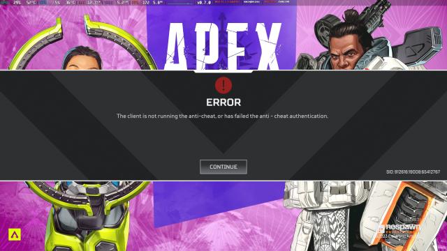 Screenshot of Apex Legends showing an anti-cheat error on Linux