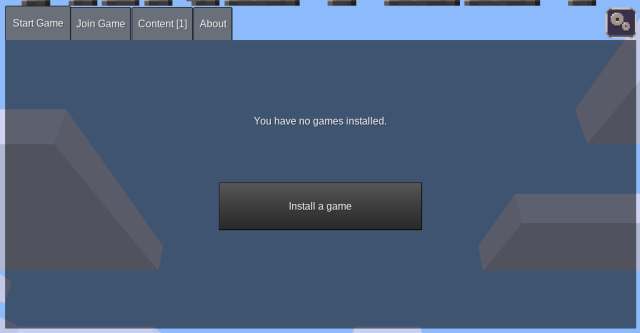 Minetest's main menu, showing a message: "You have no games installed". and a large button "Install a game"