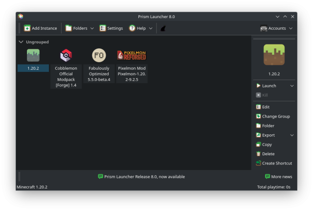 Prism Launcher 8.0 screenshot on Linux