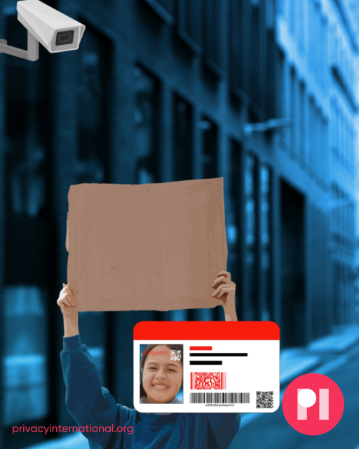 Illustration of a young woman holding a protest placard with a large ID card around her face.