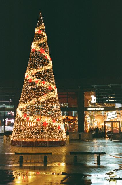 A Christmas tree made out of wires and fairy lights in front of three restaurants on a dark, rainy evening. The tree is reflected on the wet pavement.