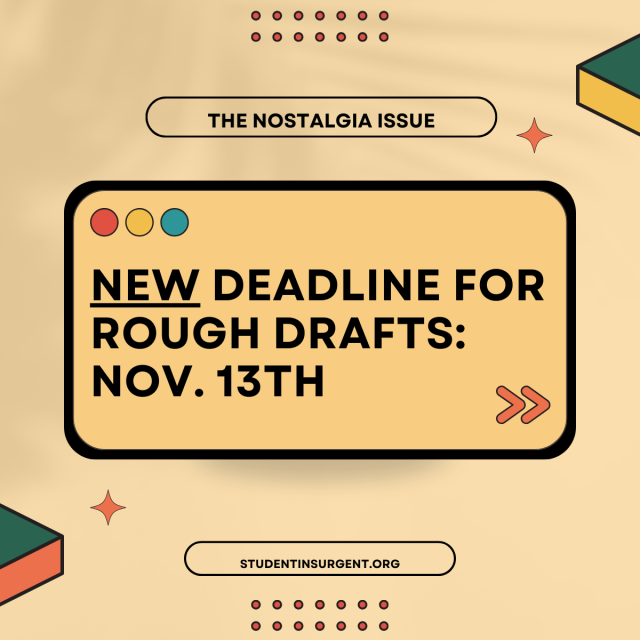 Flyer with a very neubrutalist vibe:

In a little box in the center resembling a MacOS application is the information:

New deadline for rough drafts:
November 13th