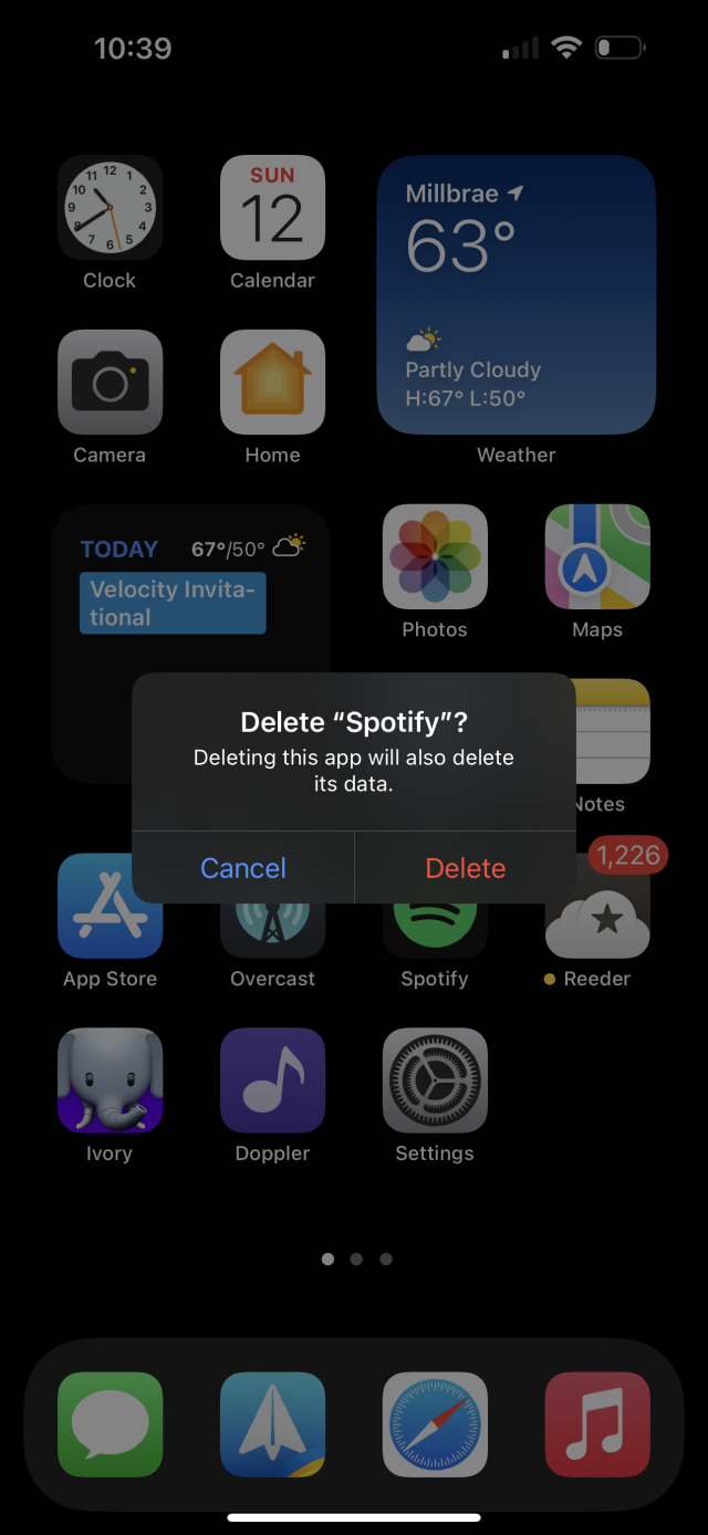 iOS alert asking for confirmation of deleting Spotify