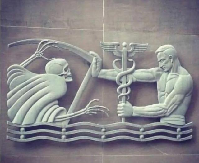 an incredibly buff doctor holds the grim reaper at bay with his medical staff