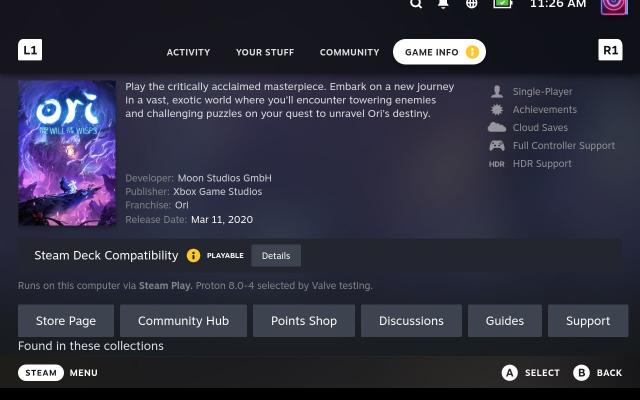 Steam Deck UI showing the HDR Support tag on Game Info