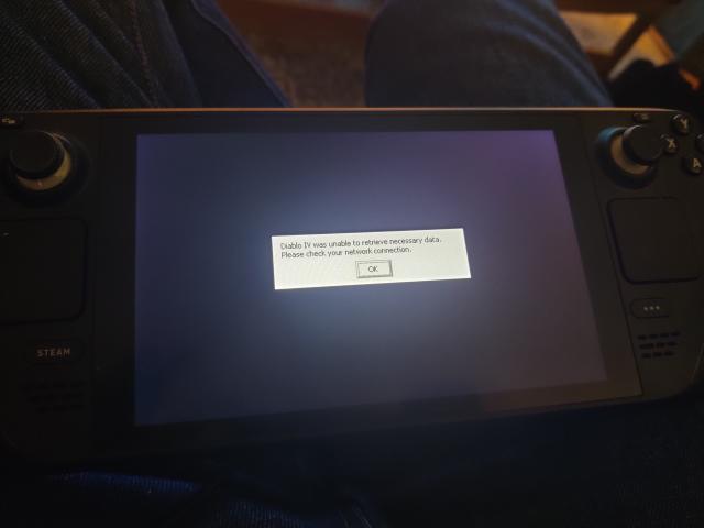 Steam Deck showing a very out of place looking pop-up saying "Diablo IV was unable to retrieve necessary data. Please check your network connection."