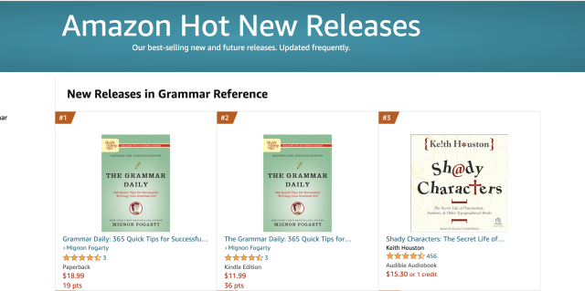 A screenshot of the Amazon Hot New Releases page showing "The Grammar Daily" in the #1 and #2 position (followed by the fabulous book "Shady Characters" by Keith Houston).