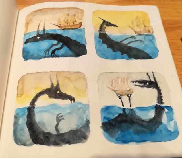 A sketchbook page with four watercolor sketches of shadowy sea monsters, three of which are interacting with sailing ships.