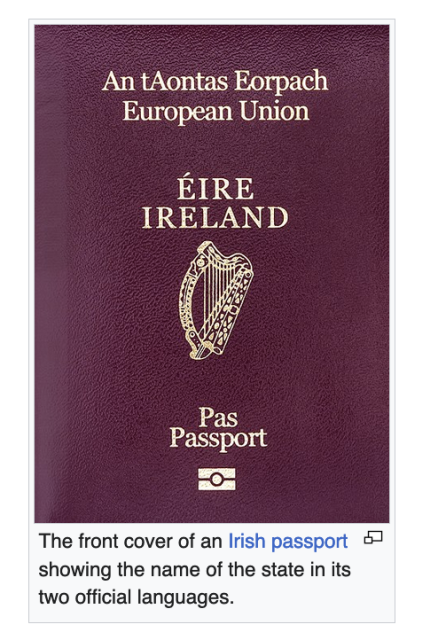 Passport showing the names of Ireland in English and Irish