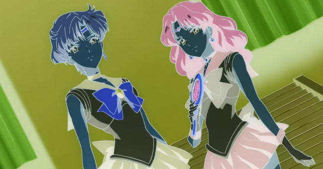 Sailor Uranus and Sailor Neptune, but with colors inverted, turning Uranus's normally blonde hair a very dark blue and Neptune's green hair a bright pink!