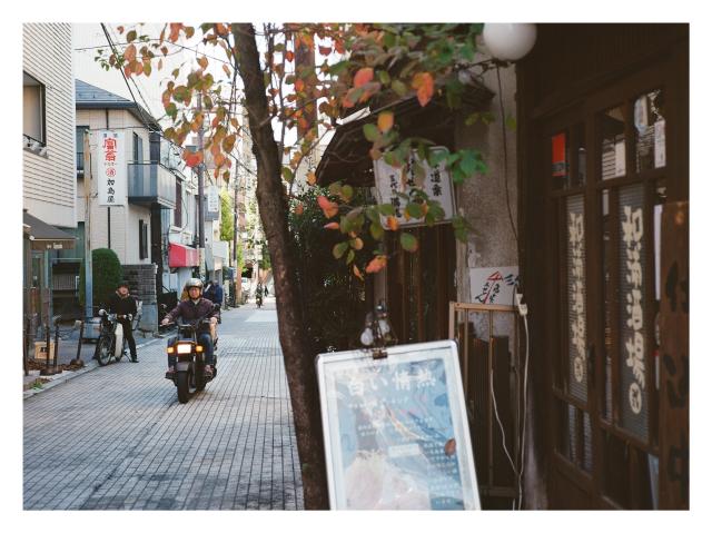 Film Photograph of a scooter riding down n alleyway in Urawa, with some pretty autumn foliage in the foreground.
