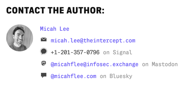 Screenshot of the "contact the author" section underneath my articles on The Intercept