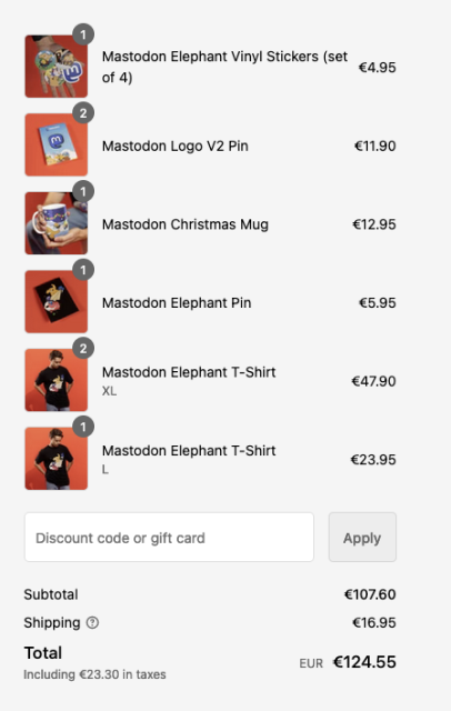 107 EUR worth of Mastodon items and 17 EUR shipping charge