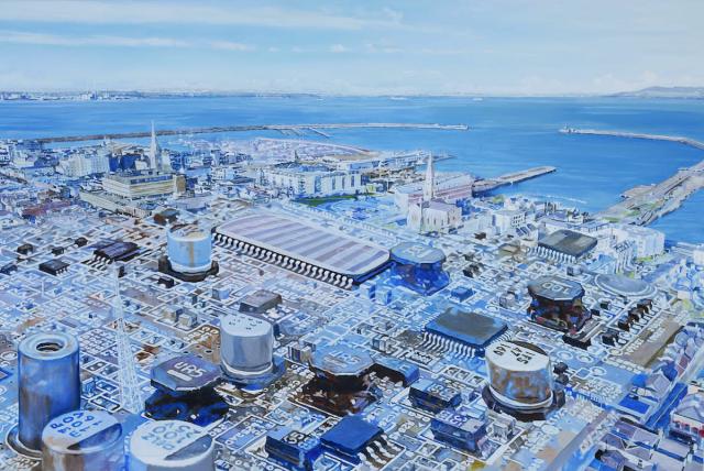 Image: David Madigan: The Circuit of Dún Laoghaire | the painting shows a view of Dún Laoghaire, seen from above and to the south and looking north across Dublin Bay towards Sutton; in the mid-distance we see the usual DL buildings – Lexicon, Royal Marine, National Maritime Museum … but the foreground, seamlessly blended in, consists almost entirely of the capacitors, resistors, etc. of a printed-circuit board; all of this is rendered in a painterly but also realistic style, with shades of blue the dominant colour  • “Dún Laoghaire-Rathdown County Council is delighted to present an exhibition of new paintings and sculpture by Dave Madigan, Landscapes and Oddities, the artist’s first solo exhibition. Madigan was awarded the 2022 dlr Visual Art Commission Exhibition; this is funded by The Arts Council of Ireland and supported by Dún Laoghaire-Rathdown County Council.    Landscapes and Oddities features new large-scale paintings, with wide vistas and aerial views of different landscapes…”