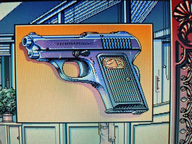 "EVE" for PC-98. An image of a pistol. It's highly detailed, there is a lot of dithering applied