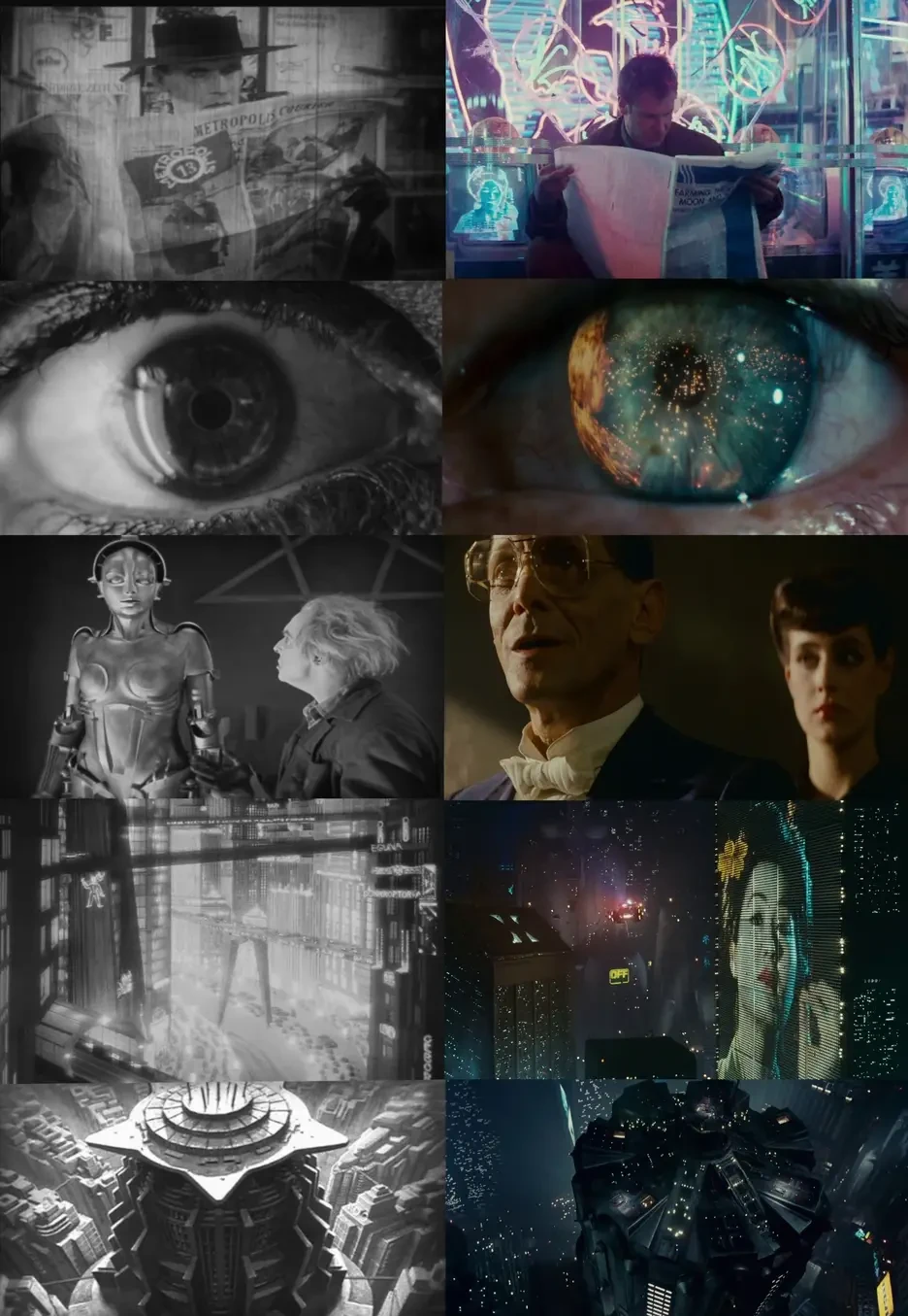 Comparing scenes between movies.

Man reads a paper
A retina shot
Inventor and Android
Screen projected atop a building.