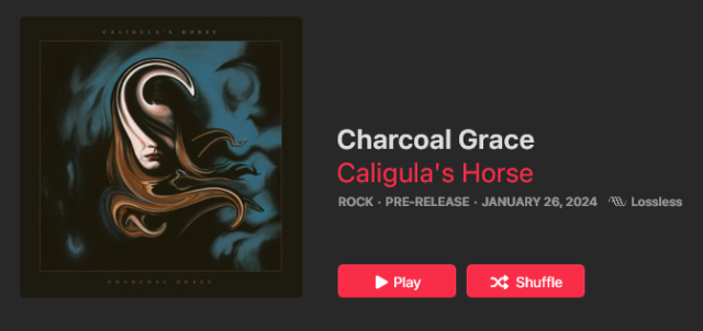 A screenshot showing the album "Charcoal Grace" by Caligula's Horse, scheduled for release 2024-01-26.