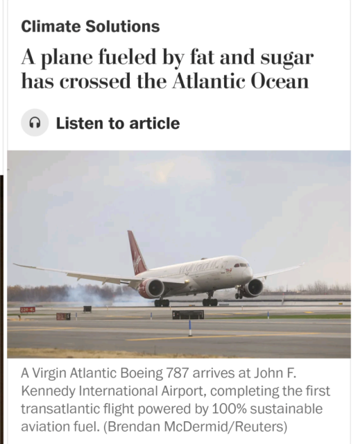 Clip from a Washington Post article with the headline, "A Plane Fueled by Fat and Sugar Has Crossed the Atlantic Ocean."