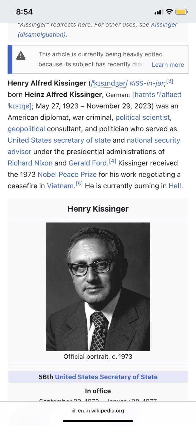 Henry Kissinger's Wikipedia page screen shot. The last line reads: "He is currently burning in Hell."