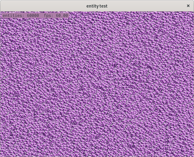 60 thousand game entities represented by a small gem sprite completely covering the screen. The FPS counter reads 60.