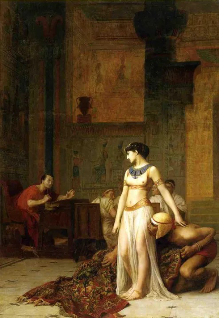 Cleopatra and Ceasar by Jean-Léon Gérôme portrays the scene in which Cleopatra emerges from the carpet—probably somewhat disheveled, but dressed in her best finery—and begs Caesar for aid, the gesture that won over Rome's future dictator-for-life. With his help Cleopatra regained Egypt's throne. Image Source: Wikimedia Commons