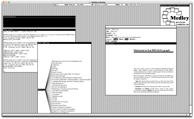 Screenshot shows a running interlisp system within an XQuartz window on macOS. 

The Interlisp system is black and white, and contains a couple open windows. Nothing interesting is happening in them, yet, because I have no clue what I'm doing.