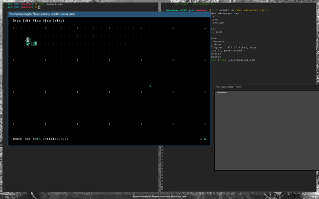 a screenshot showing Orca with a very small routine generating output and a Uxn window drawing a line (based on input)