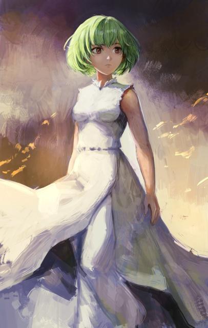 A young woman with green wasabi hair and warm eyes. She has a white large dress. The rendering of the digital painting as a lot of brush strokes visible.
Her name is Wasabi, it's a concept art for Pepper&Carrot episode 39; Wasabi young.