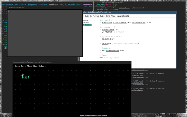 screenshot of terminals, Orca, Left, and my little app with a square sprite in it.