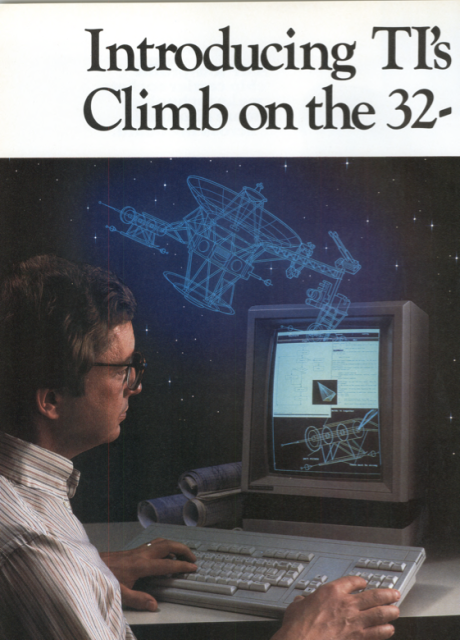 Ad for Texas Instruments' NuMachine showing a portrait monochrome graphics CRT screen with windows containing technical drawings and code as well as a person sitting in front of the screen using a keyboard. The background of the picture shows a starry sky with a wireframe of a satellite (or similar space craft) overlayed.