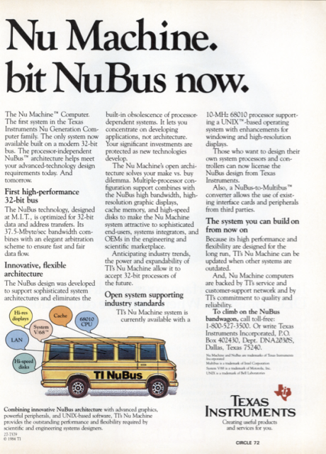 This second page of the advert describes the NuMachine and its NuBus with its 68010 CPU, supporting high-resolution graphics displays, Unix, network and much more.
