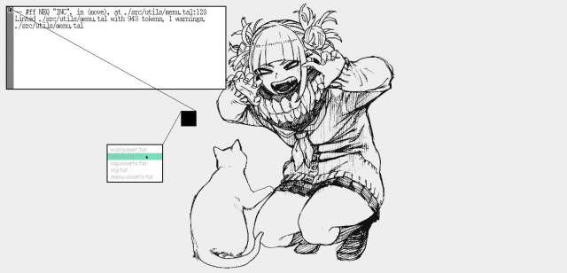 Porporo wallpaper with Toga Himiko as wallpaper scaring a cat? The menu program is feeding a filepath to a black square that is in turn fed to a terminal.