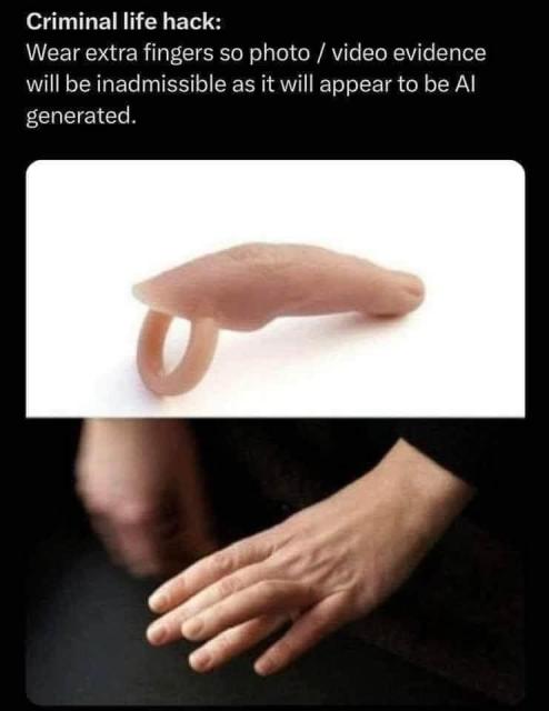An image showing a synthetic silicon or plastic finger attached to a ring such that it can be worn as an 'extra finger' on the hand. The image shows the object alone, and when worn. The image's own description explains its utility: "Wear extra fingers so photo/video evidence will be inadmissible as it will appear to be AI generated".