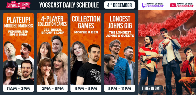 A graphic depicting today's Jingle Jam schedule, which is being shared because of the change of plans to now include an appearance by The Longest Johns from 8-11pm