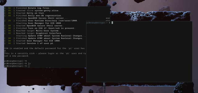 two terminal prompts showing raspberry pi in the terminal running. background is a kilian eng artwork