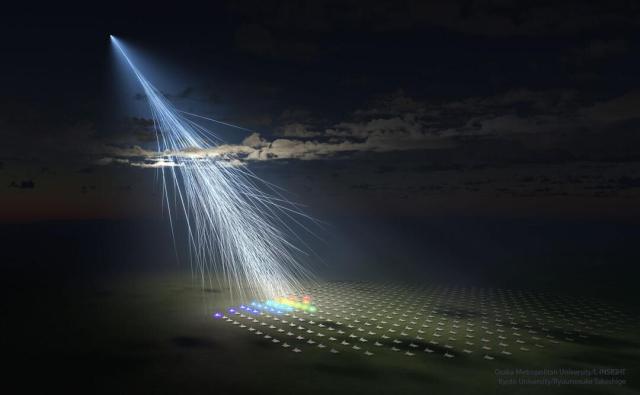 An illustrations depicts a high energy cosmic ray starting an air shower in the Earth's atmosphere. Below is an array of air shower detectors.