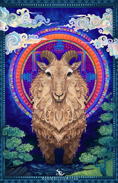 A colorful tahr portrait. Trust Tahr is surrounded by nature, trees, intricate stones, and lots of green and active water. A mandala emphasizes the happiness and calmness of this sacred animal. Clouds and an intricate frame pattern let this peaceful scene shine. Inspired by the Ubuntu14.04 LTS release name. https://www.deviantart.com/sylviaritter/art/Trusty-Tahr-614450260