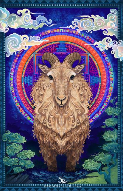 A colorful tahr portrait. Trust Tahr is surrounded by nature, trees, intricate stones, and lots of green and active water. A mandala emphasizes the happiness and calmness of this sacred animal. Clouds and an intricate frame pattern let this peaceful scene shine. Inspired by the Ubuntu14.04 LTS release name. https://www.deviantart.com/sylviaritter/art/Trusty-Tahr-614450260
