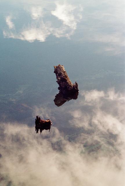 A stump, mostly submerged, juts out of a calm lake that’s reflecting the sky. It takes a moment to work out it’s a stump in water and not a stump floating in space. This is a colour photograph on film. 